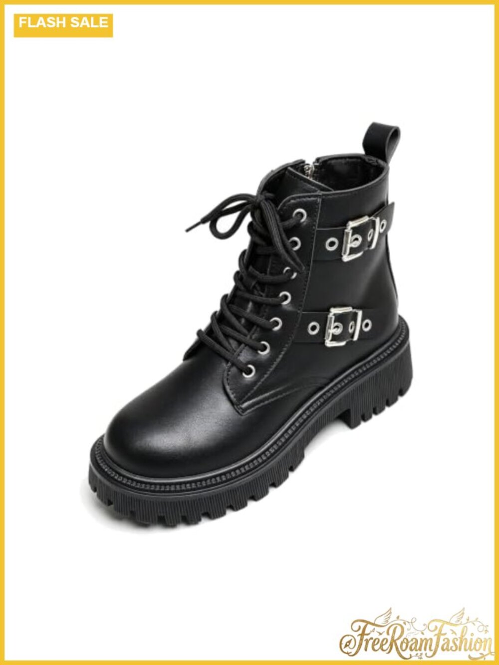 Faux Leather Lace Up Combat Boots Chunky Lug Sole Moto Ankle Booties